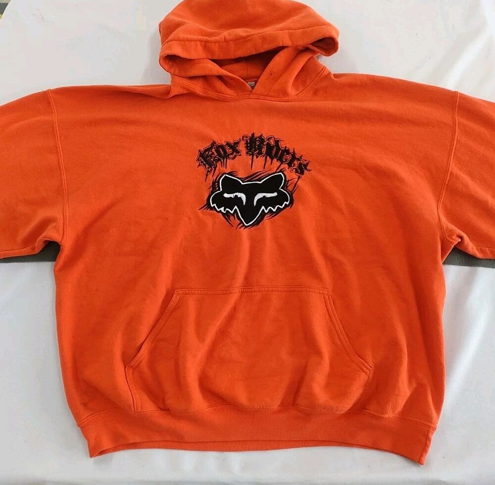 Fox Racing Raxers Orange Fleece Pullover Hoodie Graphic Logo Pockets Mens XL